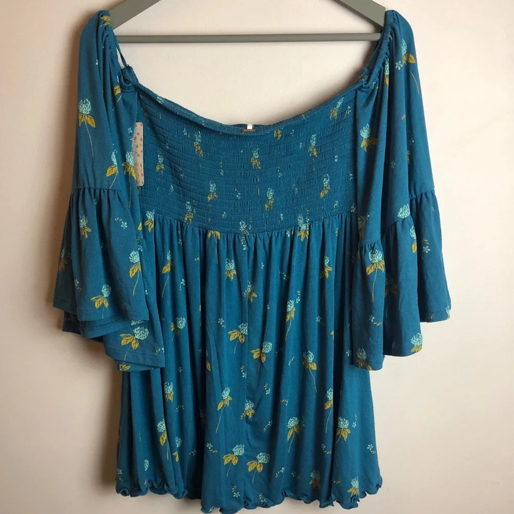 FREE PEOPLE Blue Floral Tunic Rouched with Bell Sleeves